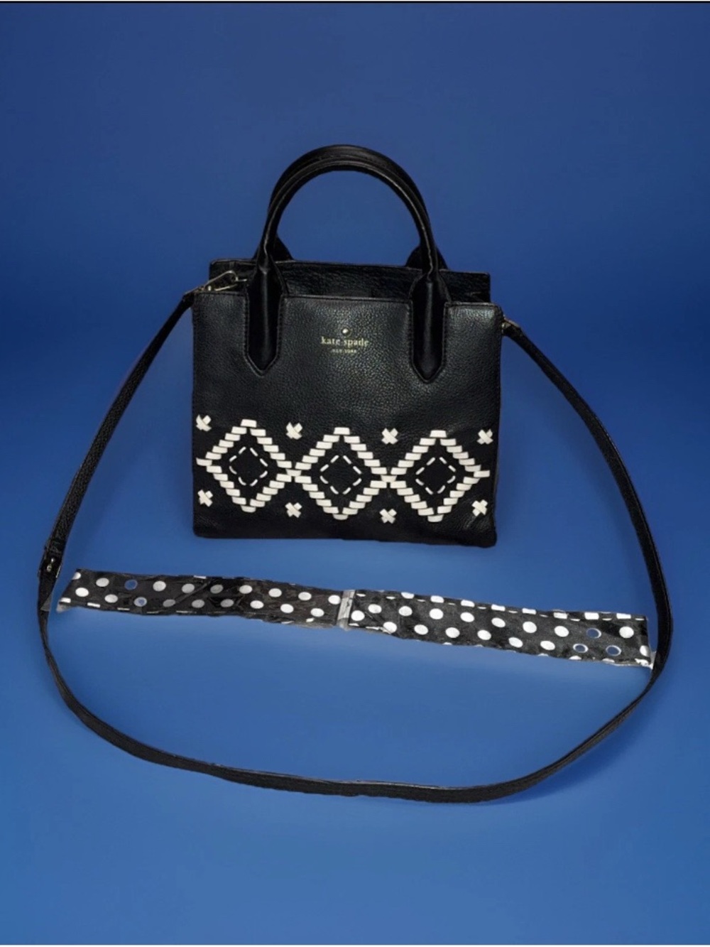 Kate Spade Woven Design Black and White Pebbled Leather Crossbody Bag